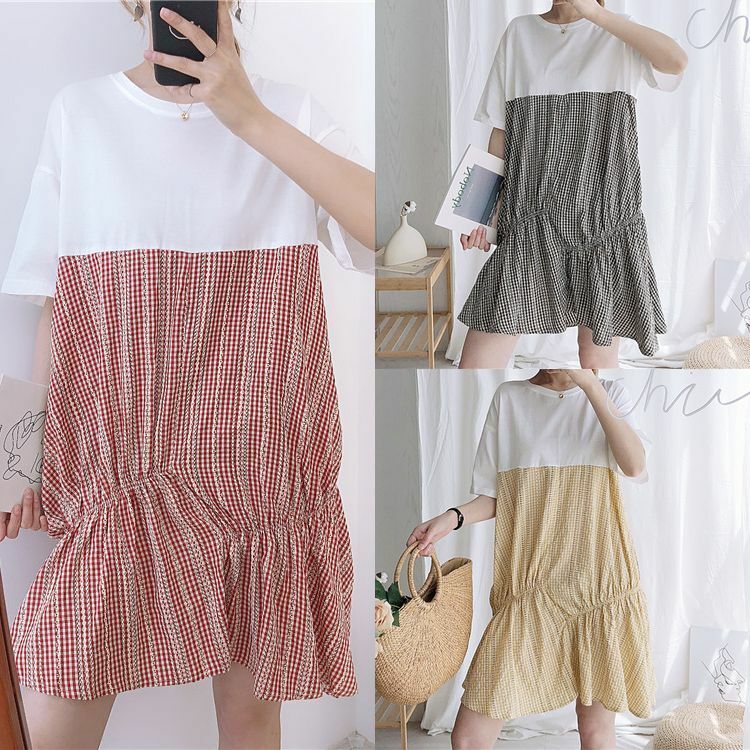 レディース Tシャツ切り替えワンピース ドッキングワンピース チェック 春コーデ 夏コーデ Plaid Irregular Pleated Skirt Dress Dct Value Rave Notice バリューレイヴノーティス 韓国ファッションやハワイアンジュエリーなど海外通販