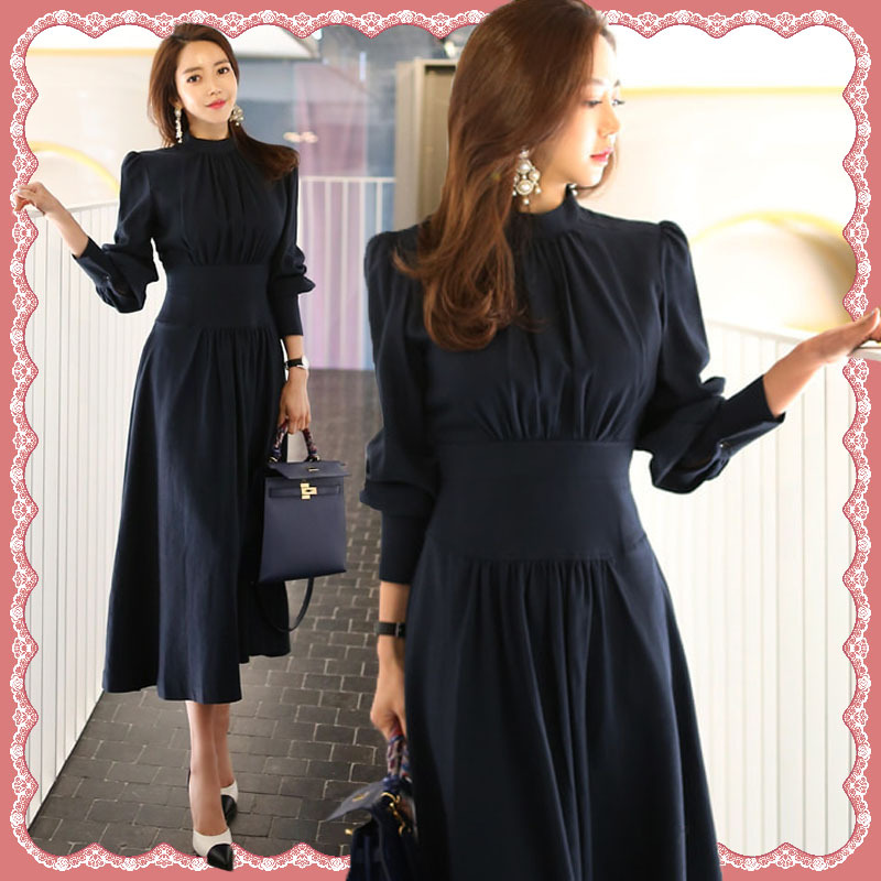 即納 ワンピース レディース ハイウエストワンピース Aラインワンピース ミモレ丈 プリーツ 七分袖 美シルエット フレア 長袖 Happy Toon