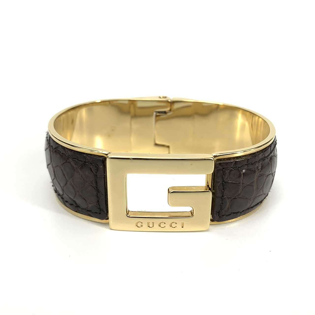 Gucci グッチ G金具 型押しレザー ブレスレット バングル ブラウン 箱付き Csyggp Vintageshop Solo