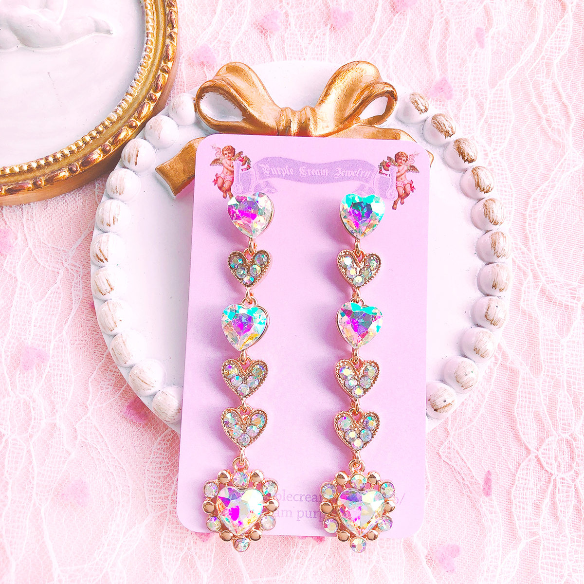 ホログラムハートロングピアス P541 Iu アイユ 着用ピアス Purple Cream Jewelry