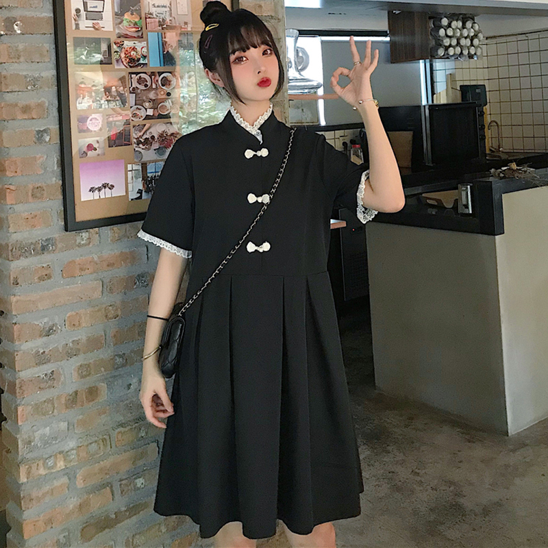 Jigujiguシリーズ チャイナ風ワンピース 中華服 可愛い 普段着 女子会 ブラック 黒い 大きいサイズ Elegant