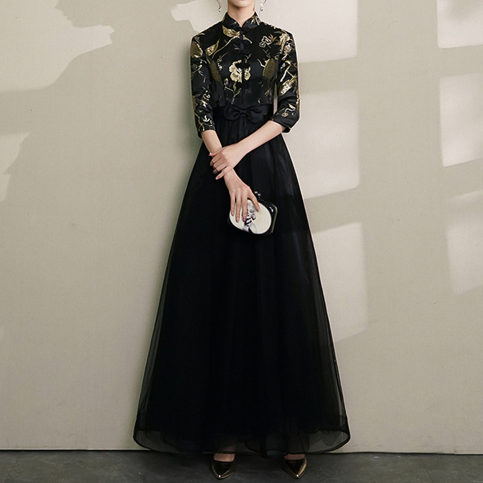 パーテイードレス ロングワンピース 着痩せ オリジナル 大きいサイズ Xs S M L Ll 3l 4l ブラック 黒い Elegant