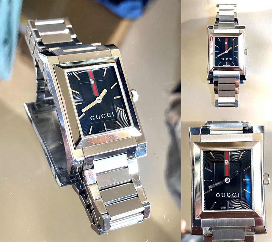 Gucci グッチ 時計 定価17万 メンズ シェリーライン スクエア シルバー ブラック デイト リストウォッチ Brand Cross Tokyo