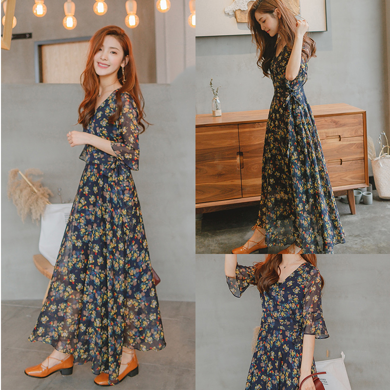 春夏 花柄 ワンピース ロング 夏 ワンピース 半袖 花柄ワンピース Vネック ロング フレアワンピース 花柄 ワンピース ロング 通勤通学 デート 五分袖 ワンピース フレア マキシ丈 シフォンワンピース 夏 薄手 涼しい レディース Vネック ワンピース リゾート シフォン