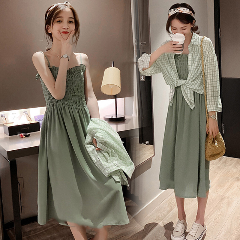 送料無料 ワンピース ロング丈 ミモレ丈 シャツ 長袖 チェック柄 アンサンブル セットアイテム 2点セット ミントグリーン イエロー トレンド Aライン キャミソールワンピース フリル ギャザー フレア 大人カジュアル 大人可愛い ガーリー ナチュラル フェミニン 春夏