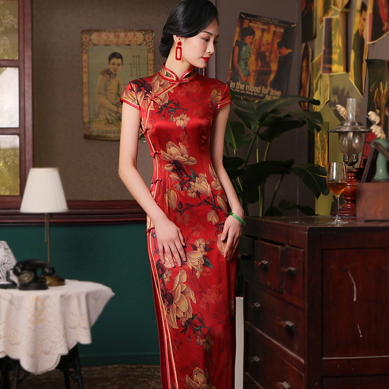 四小姐シリーズ 高級品 シルク チャイナドレス ワンピース 半袖 スリット レッド 赤い 着痩せ Elegant