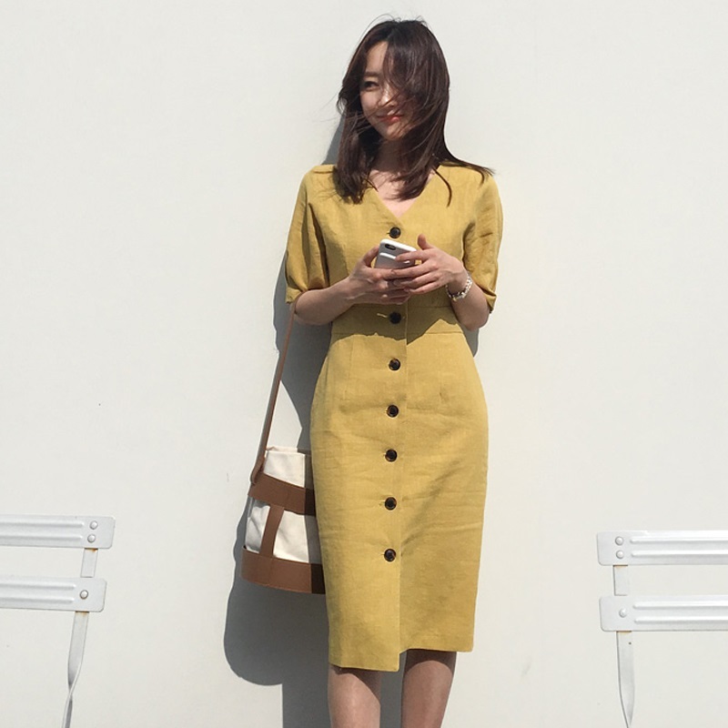 ワンピース レディース ひざ丈 ミモレ丈 Vネック 半袖 きれいめ シンプル 無地 フロントボタン エレガント 大人 カジュアル ワンピース コーデ 春 秋 ハイウエスト イエロー 黄色 ニュアンスカラー タイト スカート 細身 スタイルアップ オフィス Ol 通勤 学生 通学 デート 春