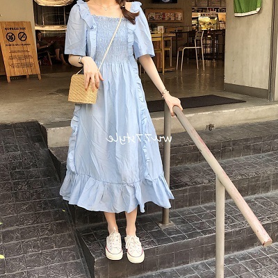 ワンピース フリル ギャザー 爽やか 半袖 きれいめ ガーリー フェミニン ロング丈 マキシ丈 ホワイト 白 ブルー 青 水色 プチプラレディースファッション通販 Yboueki