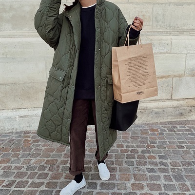 アウター コート キルティング ノーカラーコート ロングコート カジュアル カーキ アーミーグリーン ブラック 黒 シンプル 無地 ナチュラル ミセス プチプラレディースファッション通販 Yboueki