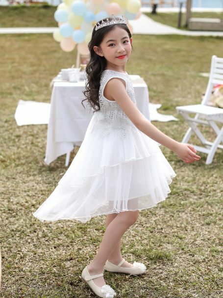 ママサイズ有 ノースリーブ アシンメトリー ドレス 110 150cm ママサイズ 白ドレス ワンピース 結婚式 お呼ばれ 演奏会 発表会 夏 ラウンドネック レース シフォン 19s S 韓国 子供服 女の子 ガールズ キッズ P130 A Dear Child