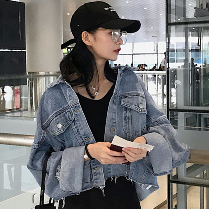 カジュアル ストリート クラッシュ デニムジャケット Gジャン アウター レディース 長袖 ブルー ショート丈 スタイルアップ 脚長効果 体型カバー ゆるカジ ダメージ加工 ワイルド リラックス こなれ感 レトロ ボタン 男ウケ デート服 楽ちん 韓国ファッション 通販