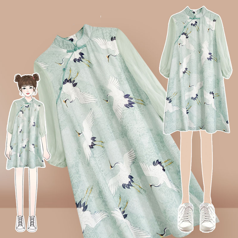 篱笆シリーズ チャイナ風ワンピース 鶴 2color 夏 春 デート 中華服 可愛い シフォン グリーン ベージュ Elegant