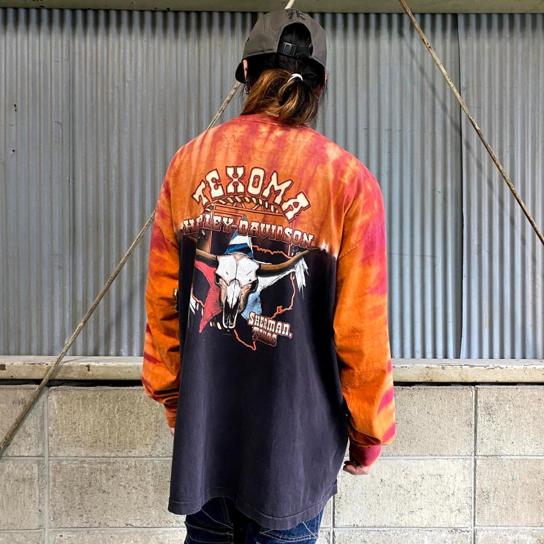 ビッグサイズ Usa製 Harley Davidson ハーレーダビッドソン タイダイ染め ロングtシャツ メンズxxl 古着 バイク モーターサイクルtシャツ 袖プリント バックプリント オレンジ ブラック 黒 大きいサイズ ロングｔシャツ All15 Cave 古着屋 公式 古着通販サイト