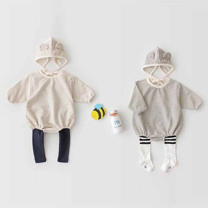 ボーダー かっぽう着 長袖 ロンパース アニマル耳 帽子 セット 男の子 女の子 2色 サイズ 3ヵ月 3歳 インポート子供服 Guruguru