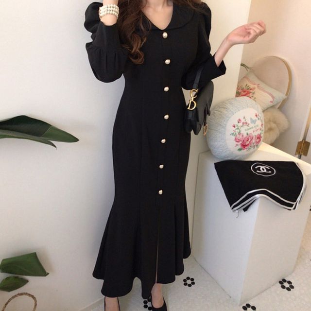 マーメイドライン ワンピース 長袖 パワーショルダー フロントボタン パール ロングワンピース ロング丈 フェミニン きれいめ レトロ 秋冬 春 Op 0472 Y Happy Orurea ハッピーオルレア