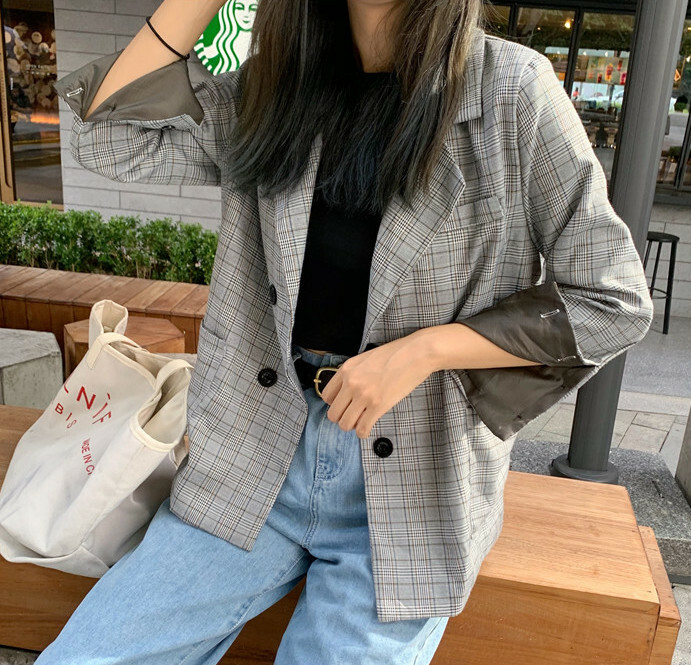 ジャケット レディース アウター テーラードジャケット チェック カジュアル ダブルボタン 袖ボタン ボーイズ ゆったり Happy Toon