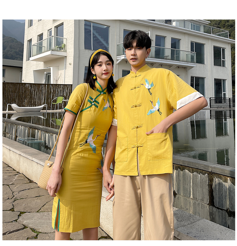 鶴 チャイナドレス ワンピース 0916 メンズチャイナシャツ チャイナ服 カップル ペアルック リンクコーデ カジュアル お揃い デート 夫婦 親子 カップルのリンクコーデ専門店 Pair Cele ペアセレ