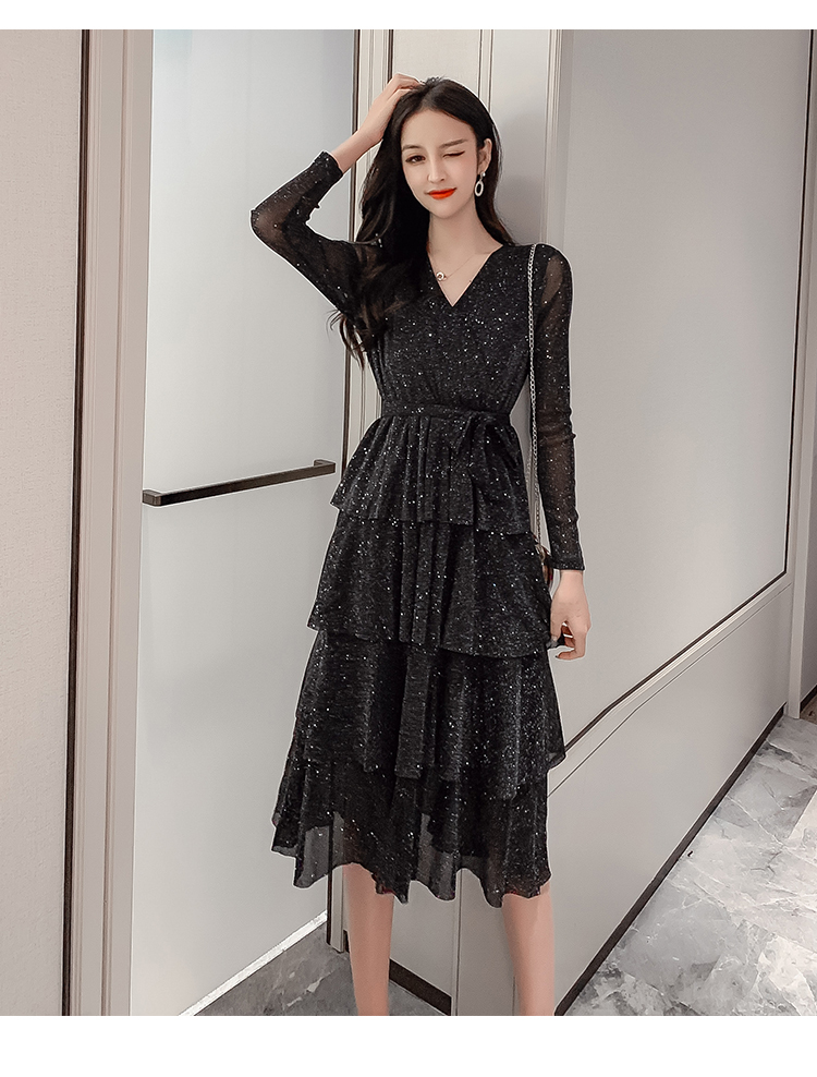 ティアードスカート 長袖 Vネック フレアワンピース キラキラ ラメドレス ブラック パーティー レディース ワンピース 結婚式 服装 二次会 お呼ばれ ワンピ ひざ丈 ひざ丈下 パーティードレス 大人 上品 きれいめ 清楚 代 30代 40代 50代 送料無料 韓国レディース
