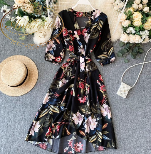 ブラックレッドフローラル Vintage Slim V Neck Spring Autumn Floral Print Midi Long Irregular Bandage Dress Women 3 4 Sleeve High Waist Elegant Dress ハワイ グアム リゾート カシュクール 授乳 ワンピース 薄手 花柄 綺麗 レディース