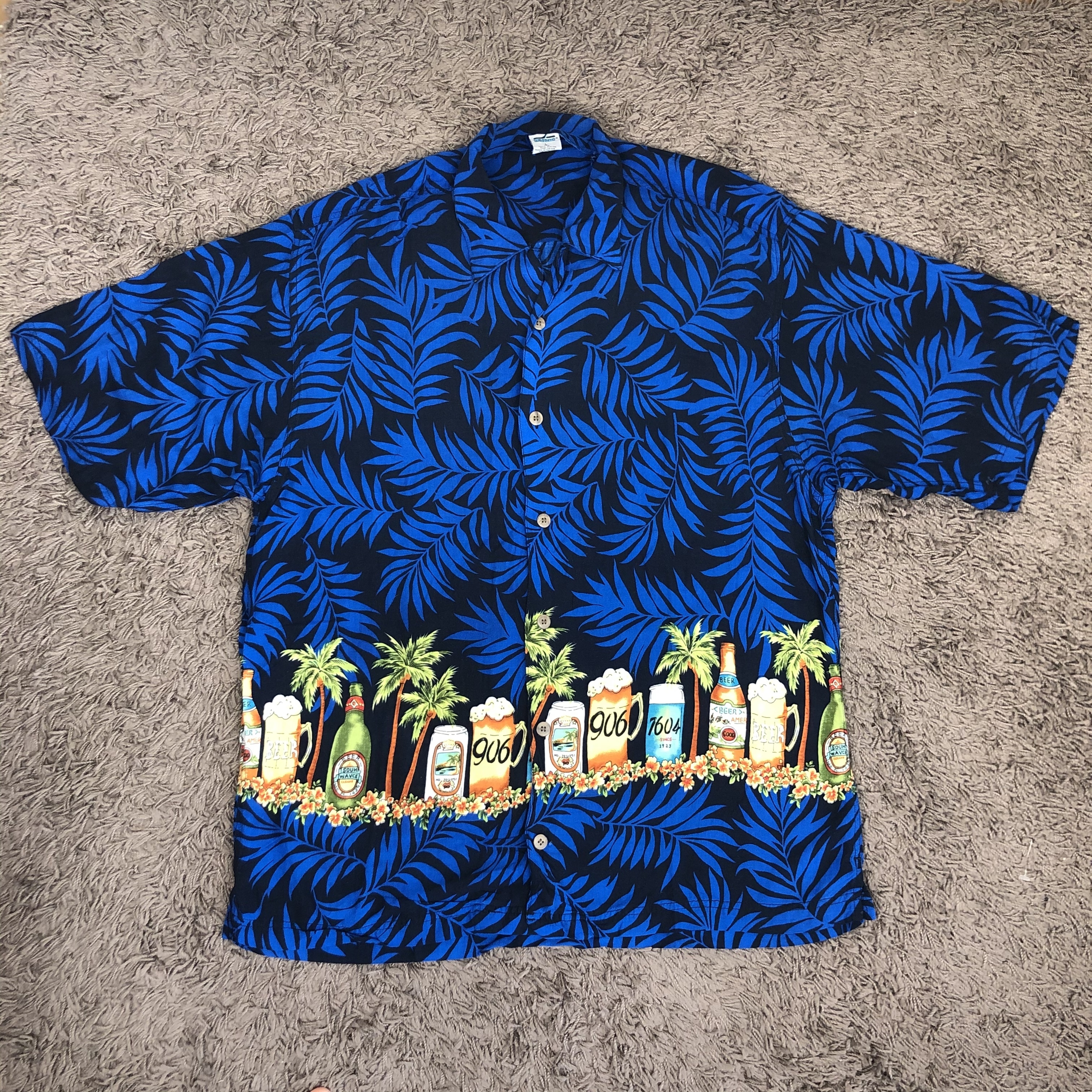 希少 ビール柄 ヤシの木 総柄 レーヨン アロハシャツ N6 Dust Magnet Club ヴィンテージ古着 トレンド古着 アメカジ 90s コレクティブル