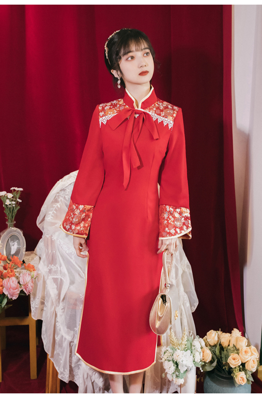 チャイナ風服2点セット チャイナ風ワンピース ベスト 改良型チャイナドレス ロングワンピース 中華服 普段着 女子会 同窓会 スタンドネック S M L レッド 赤い 美品 Elegant