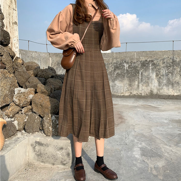 2点セット レトロ ワンピース 長袖ブラウス プリーツスカート ロング丈 Qrea Style プチプラ 韓国ファッション