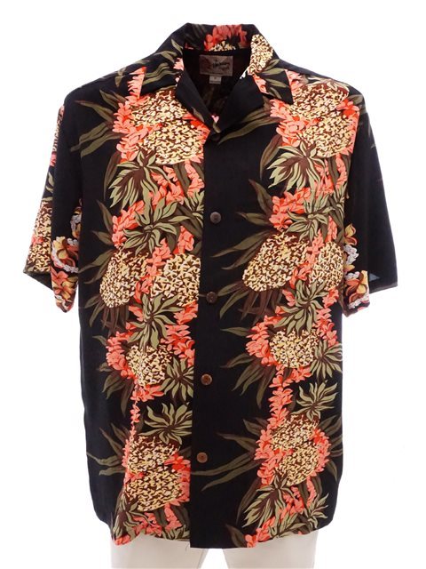 Hilo Hattie メンズアロハシャツ パイナップルパネル ブラック レーヨン Lealea Hawaiian Village