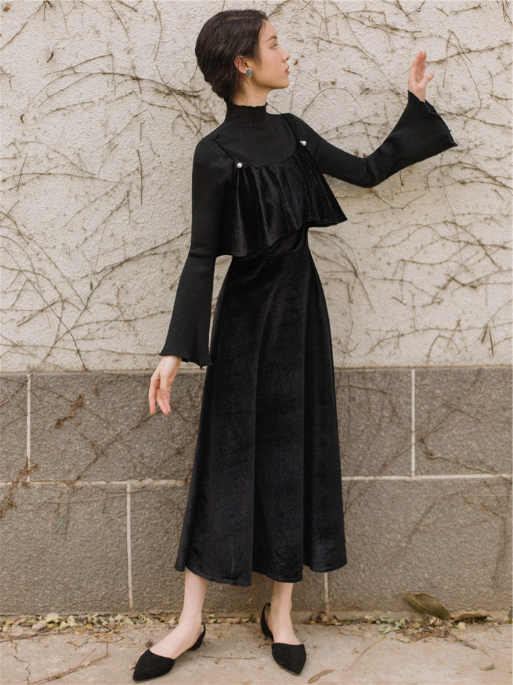 ベロア風 ヴィスチェ ワンピース 黒 切替ワンピ ロングワンピ Aライン ロングドレス ブラックドレス シフォンワンピース 袖あり パーティードレス S M L ミモレ丈 長袖 ロング丈 大人可愛い お呼ばれ 二次会 結婚式 食事会 謝恩会 卒業式 卒園式 お別れ会 成人式 送料