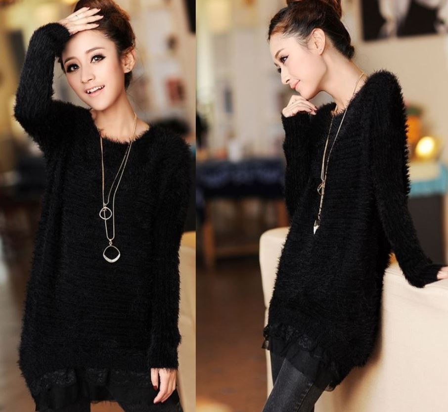 シャギーニット ワンピース チュニュック レディース ニット 裾レース付き ブラック レディースの海外トレンドファッション通販サイト Kahana