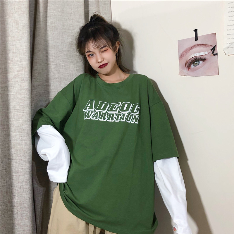 Tシャツ トップス Tシャツ レディースファション 新作 韓国風 シンプル デート ラウンドネック 長袖 ゆったり 大きいサイズ M L Ll 3l 可愛い 合わせやすい グリーン 緑 重ね着風 Elegant