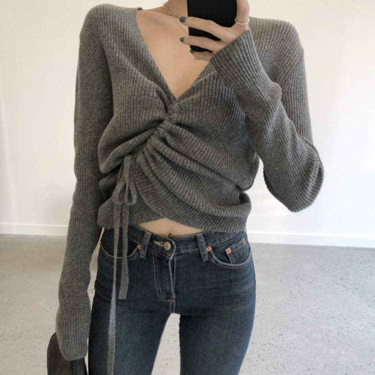 シック セクシー クロップド カシュクール セーター トップス ニット プルオーバー レディース ショート丈 変形 グレー ブルー カーキ 無地 脚長効果 スタイルアップ シンプル シック ガーリー Cute カジュアル エレガント ギャザー クロス リボン 大人 男ウケ デート服