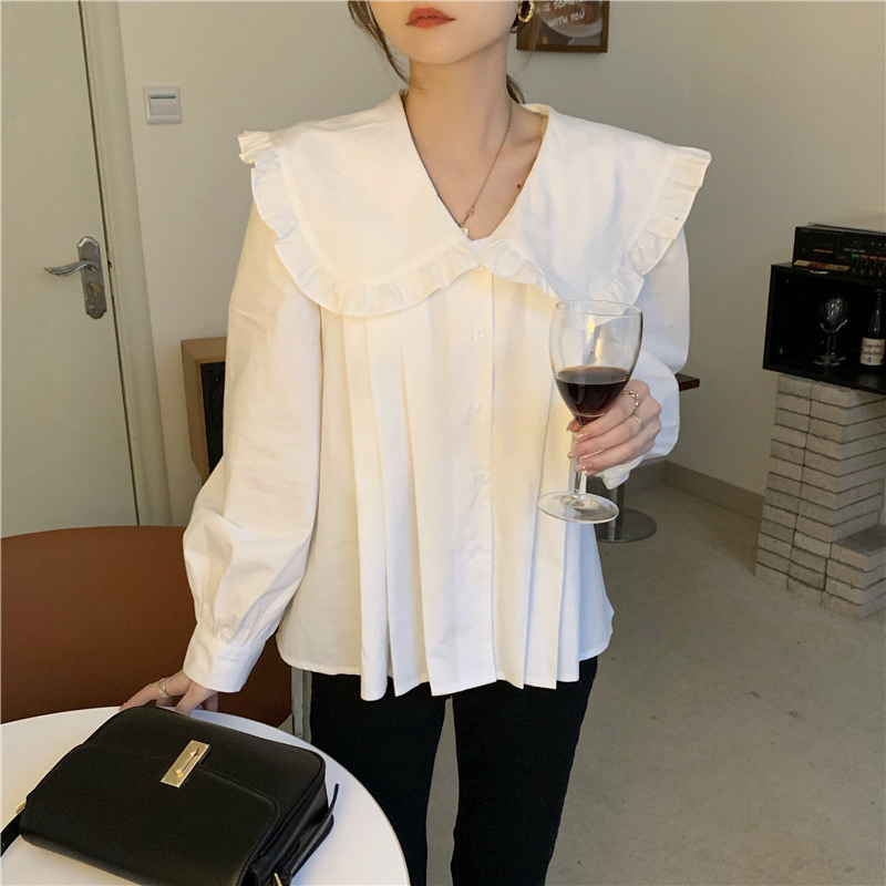 ゆうパケット対応 フリルビッグカラーブラウス シャツ フリルブラウス ランタンスリーブ ビッグスリーブ ビッグカラー かわいい 人気 レディース 安い 韓国ファッション Sinsakumall