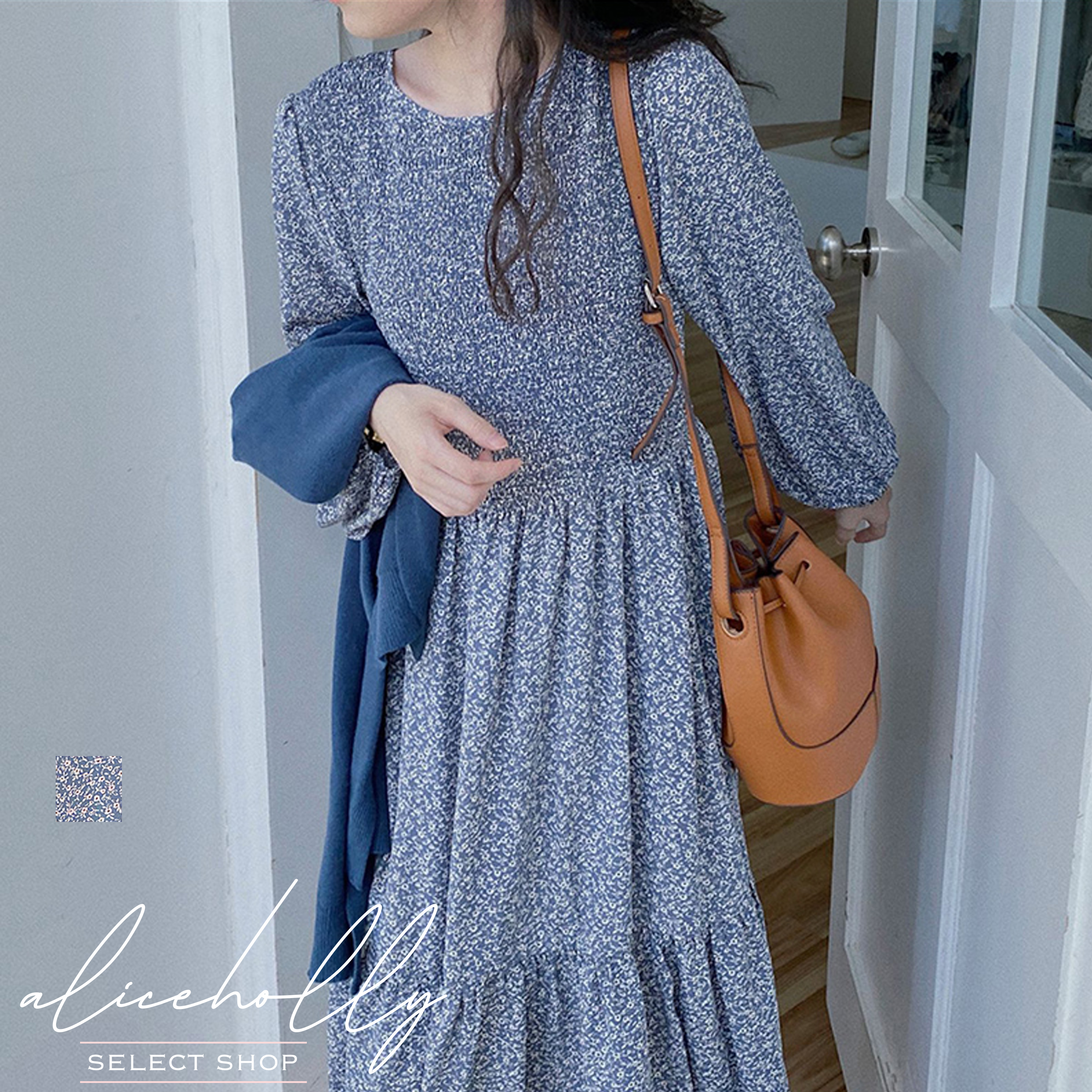 レディース韓国ファッション ワンピース フローラル 花柄 フィッシュテール シフォン ボリューム袖 ブルー 人気プチプラレディース韓国 ファッション新作通販 Aliceholly アリスホーリー