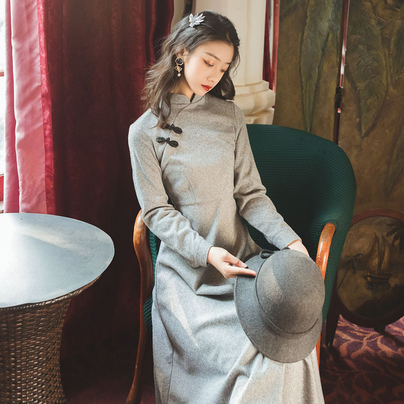 チャイナ風ワンピース 可愛いワンピース 改良唐装 改良漢服 チャイナ風服 中華服 改良型チャイナドレス ロング丈 普段着 S M L Ll 着痩せ 女子会 同窓会 グレー Elegant