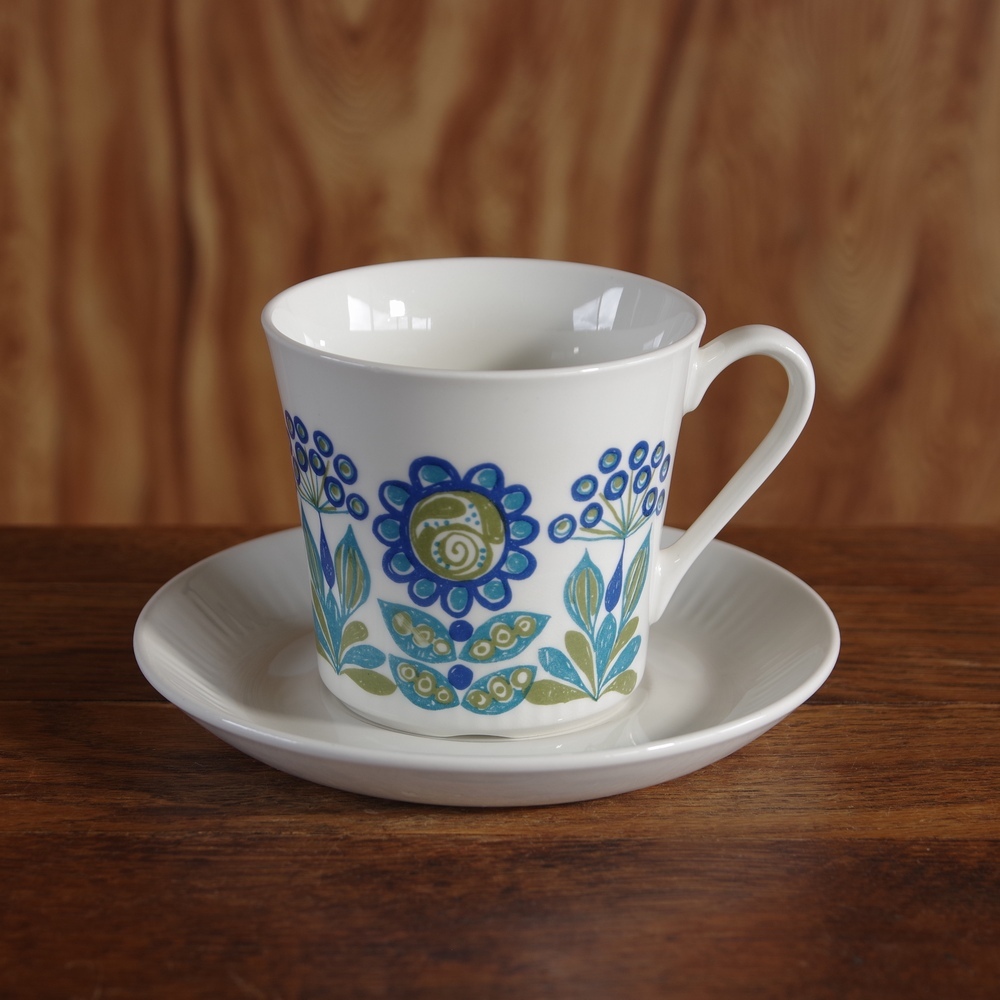 北欧雑貨 ヴィンテージ食器 フィッギオ Tor Viking コーヒーカップ ソーサー ラージサイズ 3 4 Figgjo Flint レトロ ブルー花柄 ノルウェー製 Flohmarkt フローマルクト