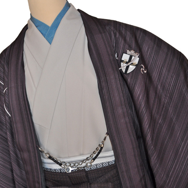 レンタル男性用jp01【紋付袴】ジャパンスタイル・ベージュ着物・紫羽織に、紫袴刺繍入りフルセット - 画像1