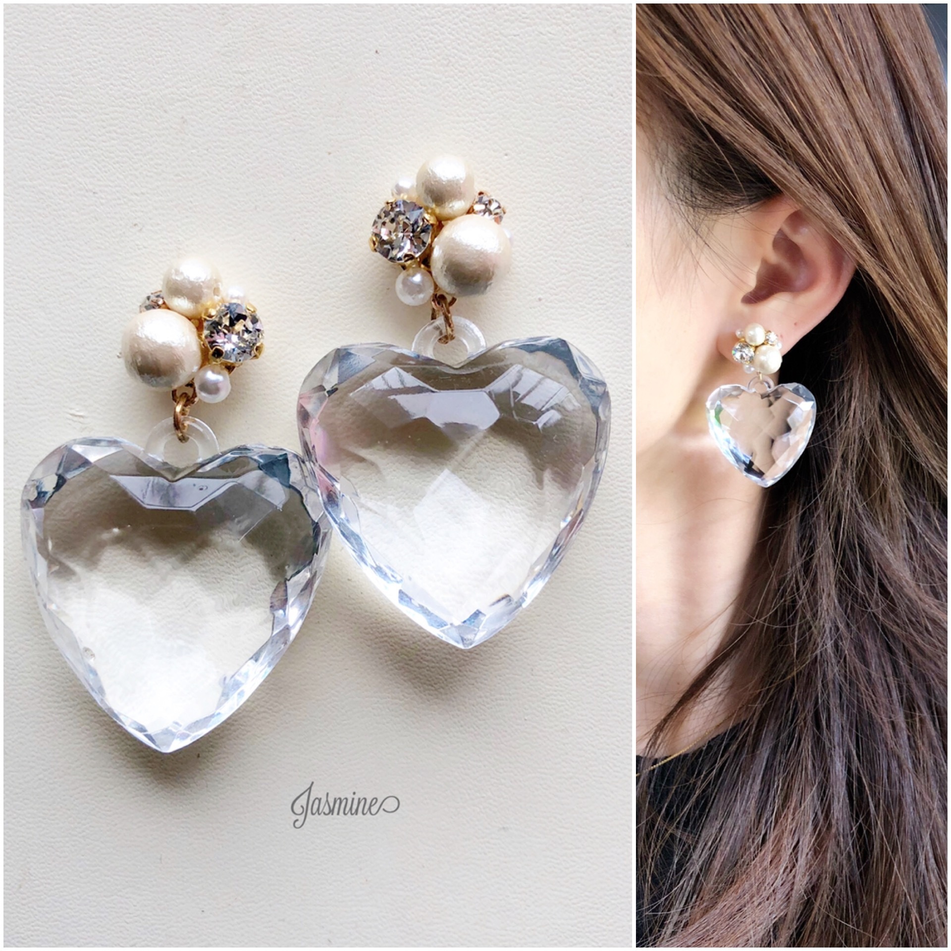 コットンパールビジュー クリアハート ピアス Jasmine ハンドメイドアクセサリーショップ