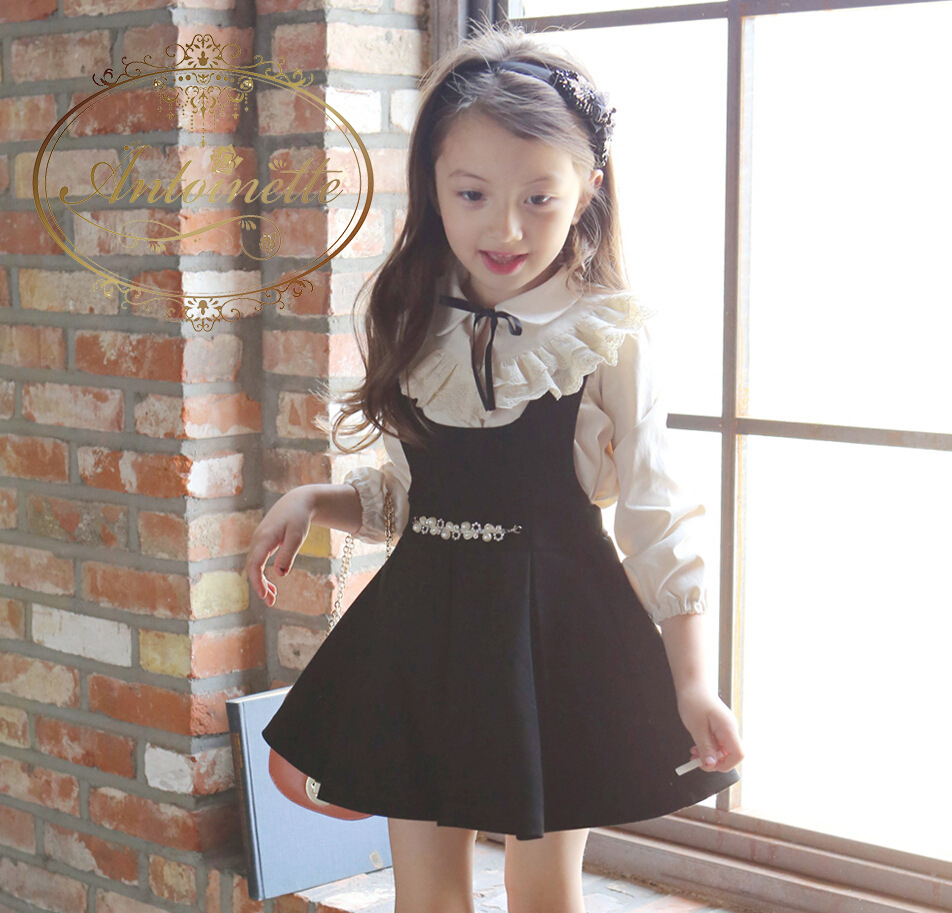 子供 韓国 服 秋服 フリル かわいい お嬢様 クラシカル リボン 長袖 ワンピース セットアップ Antoinette
