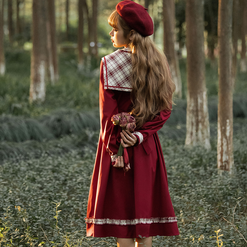 花崎鹿シリーズ ワンピース セーラー 可愛い オリジナル 少女 Aライン チェック柄 ワインレッド 赤い Elegant