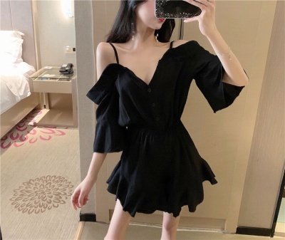 ワンピース フロントボタン ベルスリーブ フリル ショート 七分袖 オフショルダー キャミワンピース 袖コンシャス 春夏秋 韓国レディース キッズ ファッション Londonbridge ロンドンブリッジ