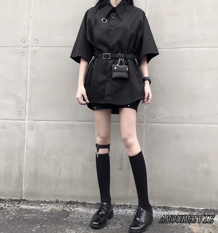 シャツ ブラウス チュニック ミニバッグ付き 黒 ブラック ベルト付き ロング ピープス オルチャン 韓国ファッション 667 Amouretvie モレヴィ