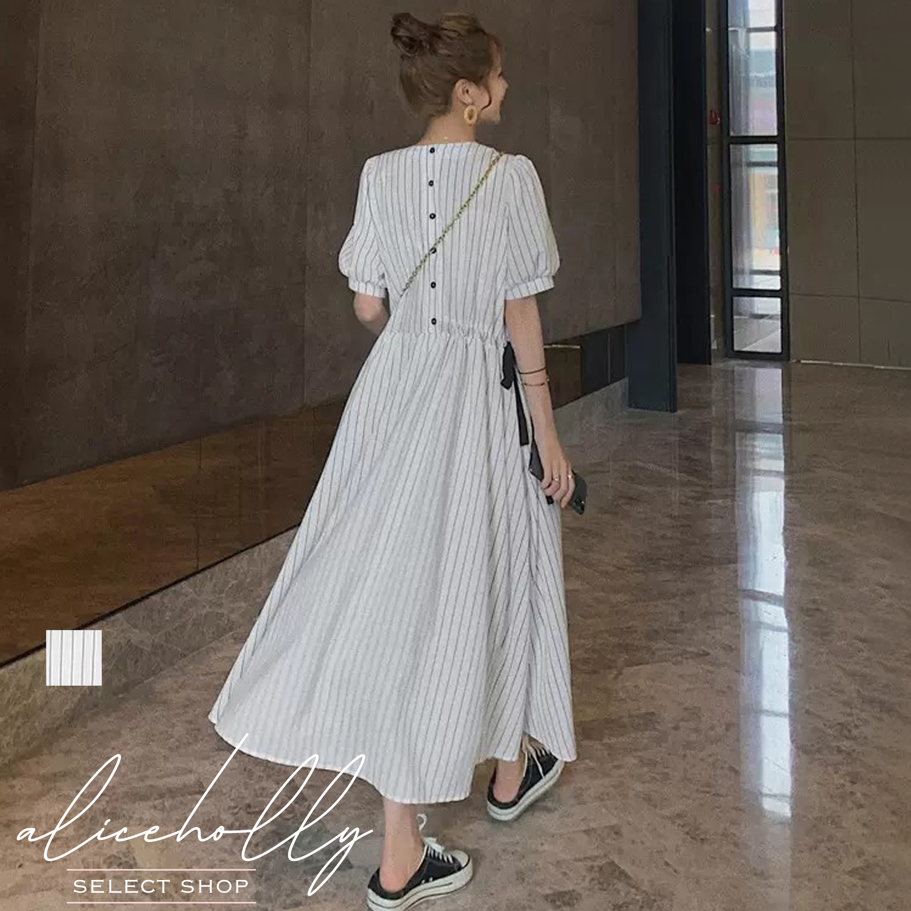 レディース韓国ファッション ワンピース ストライプ フレア サイドリボン バックボタン 半袖 ロング ホワイト 人気プチプラレディース 韓国ファッション新作通販 Aliceholly アリスホーリー