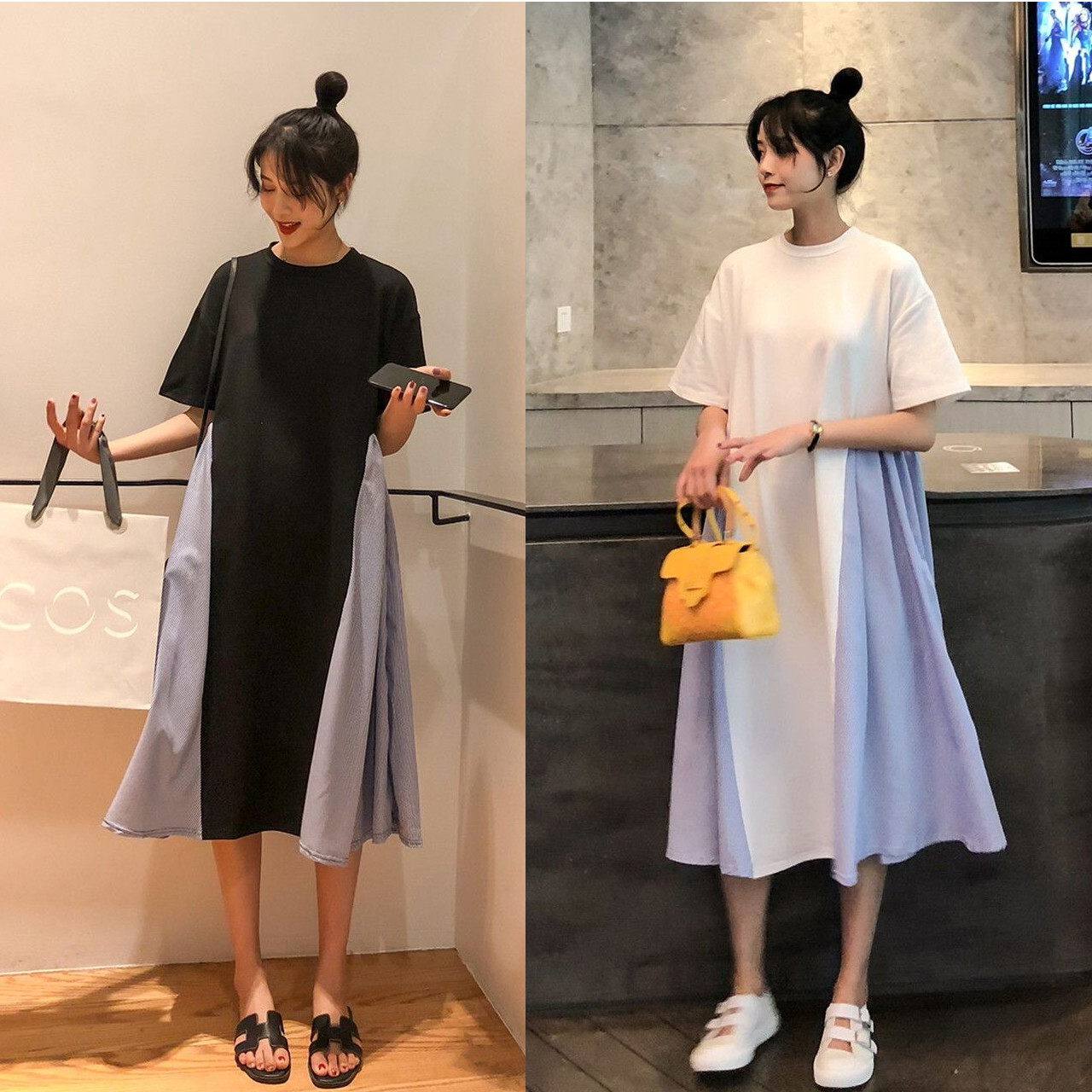 春夏 ドレス ロングドレス ワンピース シャツワンピース バイカラー 半袖 ゆったり カジュアル 街角のカフェテラス