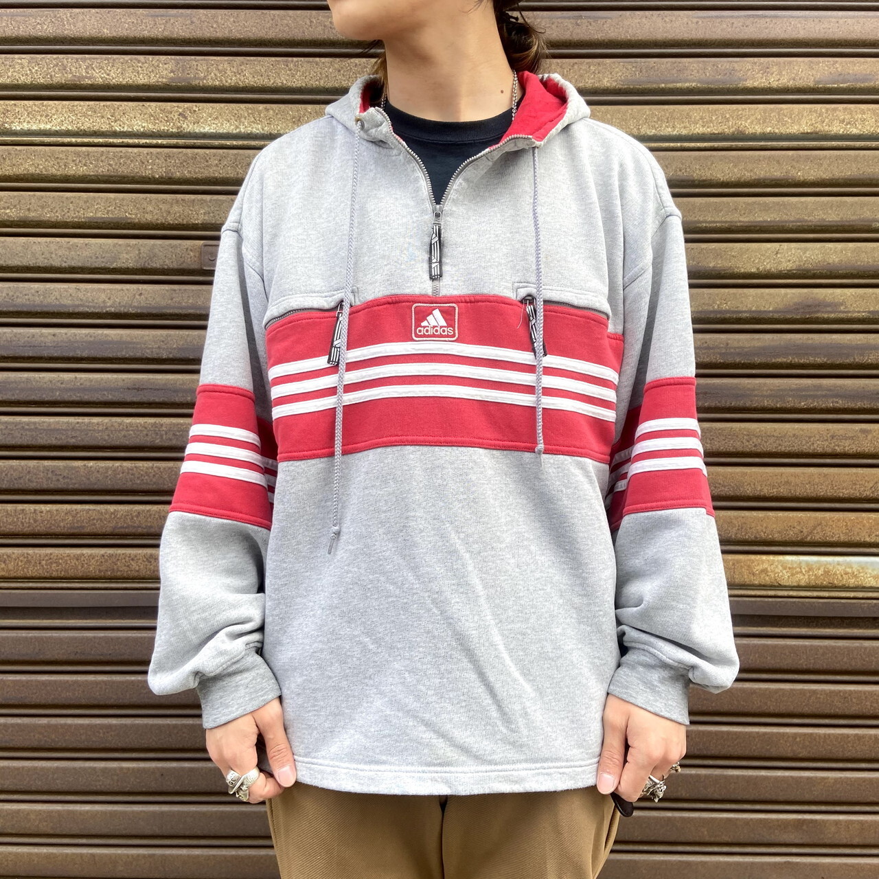 レアデザイン 90年代 Adidas アディダス ハーフジップ スウェット メンズxl相当 古着 90s ヴィンテージ ビンテージ トレーナー グレー レッド 大きいサイズ スウェット All15 Cave 古着屋 公式 古着通販サイト