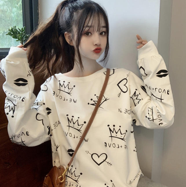 プリント スウェット トップス おしゃれ 原宿系 可愛い ガーリー カジュアル 長袖 Luluca 韓国トレンドファッションluluca ルルカ