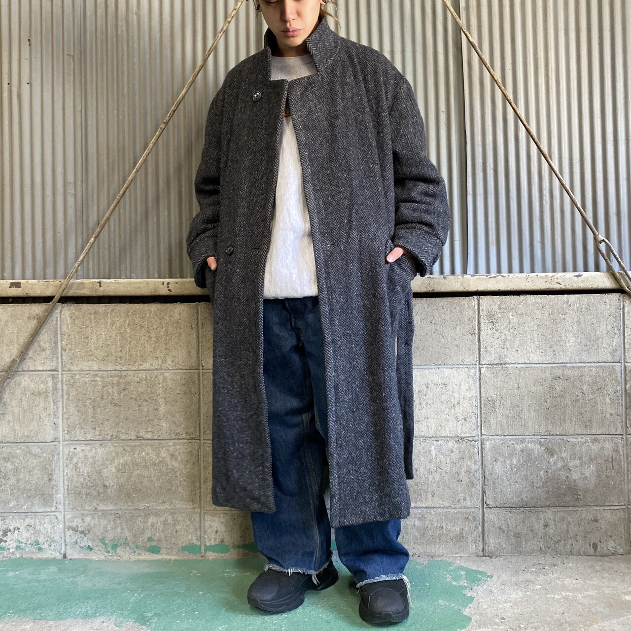 Chess King ウールマキシコート ダブルブレスト メンズl相当 古着 チェスターコート ロングコート ヘリンボーン グレー 灰色 肩パッド入り コート Sa50 Cave 古着屋 公式 古着通販サイト