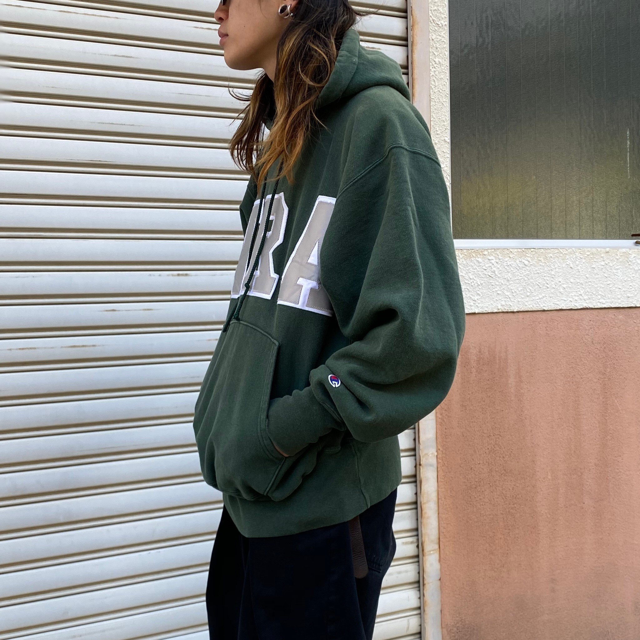 チャンピオン リバースウィーブ Wra ワッペン カレッジ プルオーバーパーカー メンズxl 古着 Champion Reverse Weave スウェット トレーナー グリーン 緑色 パーカー Cave 古着屋 公式 古着通販サイト