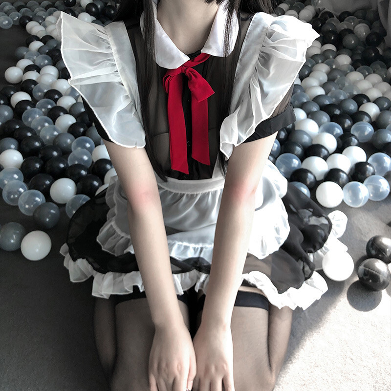4点 メイド服 ボウタイ 少女 透け感 配色 かわいい セクシーランジェリー Miyabi5