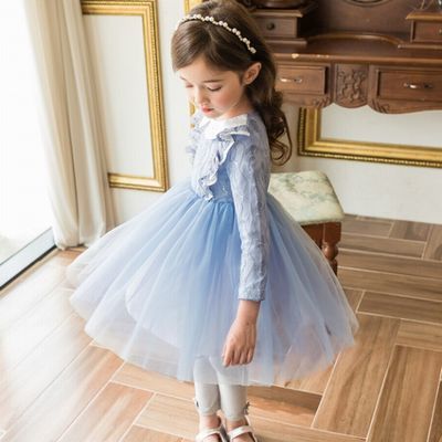 たっぷり チュール の 丸襟 ドレス 110 150cm 上品 ブルー お呼ばれ 結婚式 披露宴 発表会 演奏会 入学式 ワンピース Aライン フィット フレア 19s S 韓国 子供服 女の子 ガールズ P067 A Dear Child