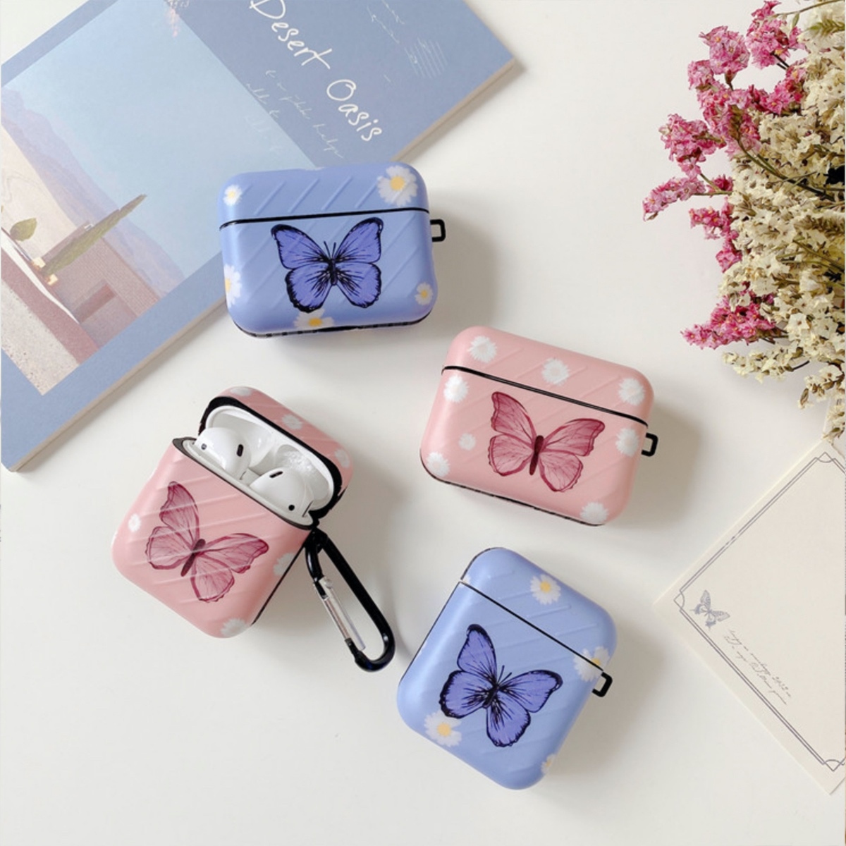 Airpods Airpodspro ケース 韓国 花ドット蝶々ケース シリコン エアポッズ エアポッド プロ カバー フック付き かわいい 大人 可愛い お洒落 イヤホンケース セレクトショップオンリーユー